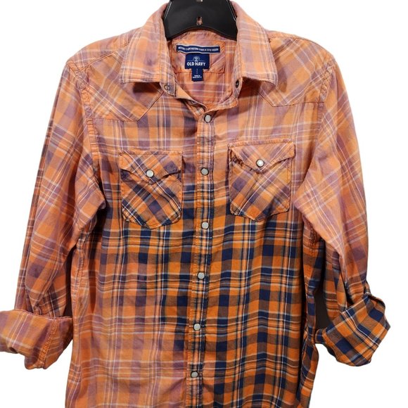 Old Navy Men Flannel Western Snap Plaid Bleached Unisex Hand Painted Butterflies - Picture 3 of 5